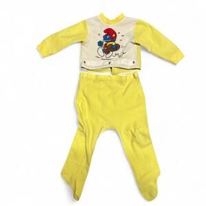 12 months Vintage 1982 Smurfs football two-piece outfit with snaps baby boy